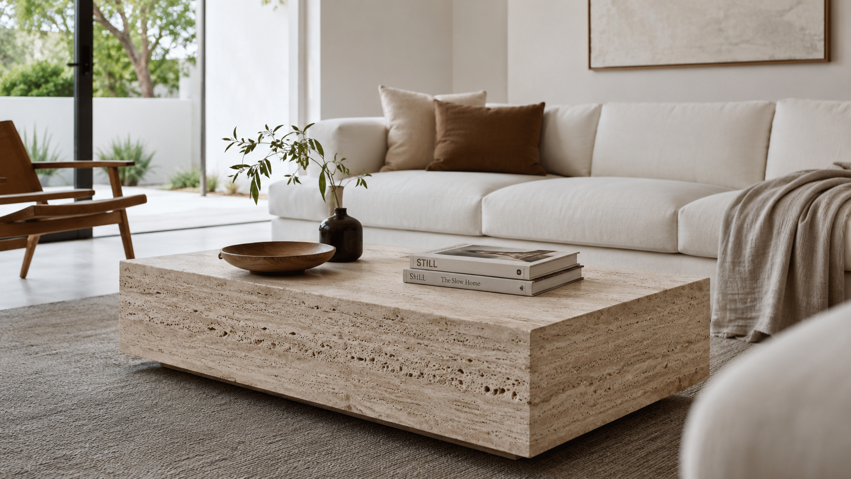 Travertine Stone Accents Coffee Table